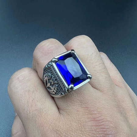 Inel inox cu zirconiu albastru si model floral [4]