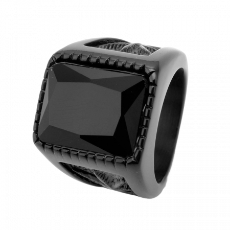 Inel inox cu zirconiu negru si frunza de Cannabis