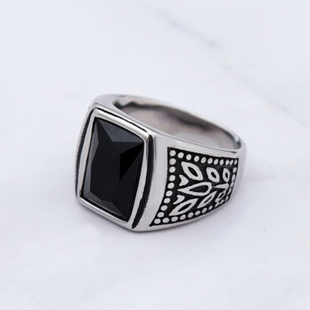 Inel inox cu zirconiu negru si frunze [6]