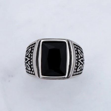 Inel inox cu zirconiu negru si frunze [5]