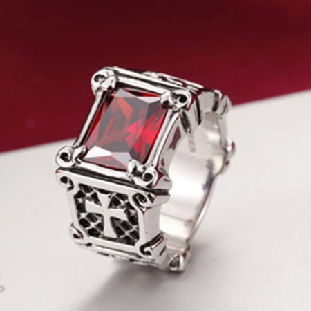 Inel inox cu zirconiu rosu si cruce [9]