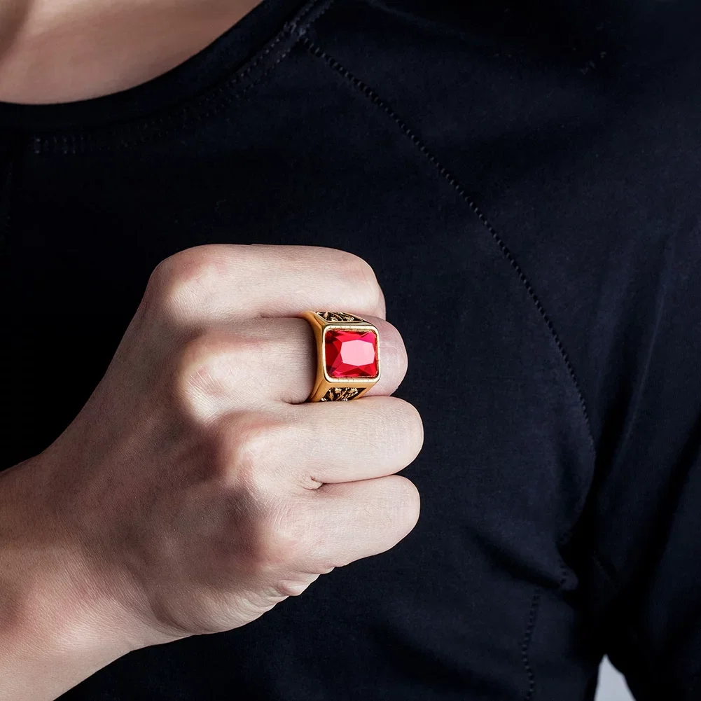 Inel inox cu zirconiu rosu si frunza de Cannabis [2]