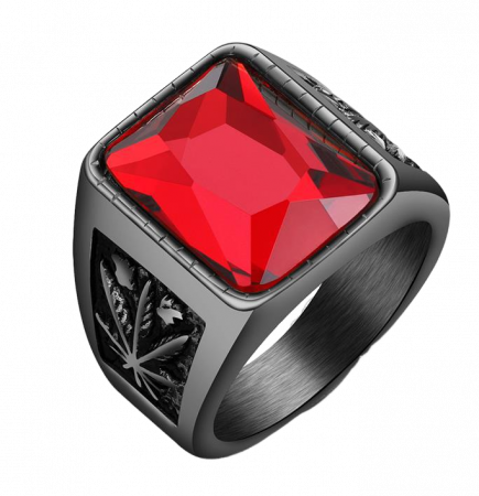 Inel inox cu zirconiu rosu si frunza de Cannabis