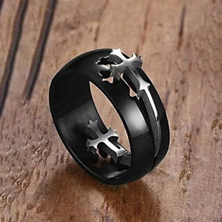 Inel inox negru cu cruce argintie [4]