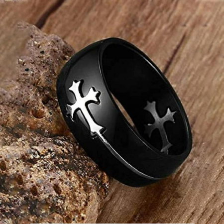 Inel inox negru cu cruce argintie [3]