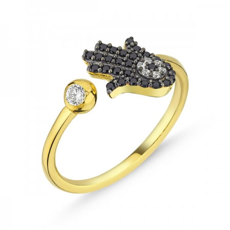 Inel reglabil din argint placat cu aur, cu zirconii si Fatima (Hamsa) [0]