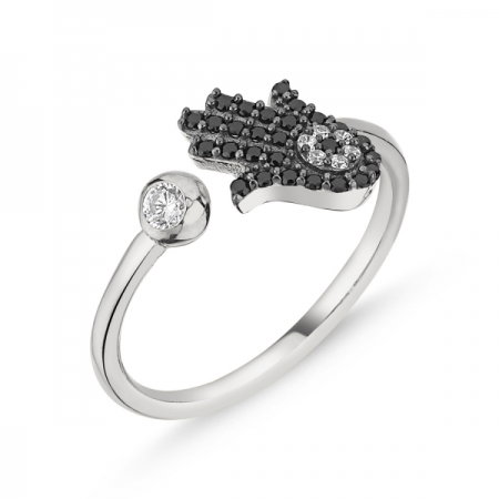 Inel reglabil din argint placat cu rodiu cu zirconii si Fatima (Hamsa) [0]