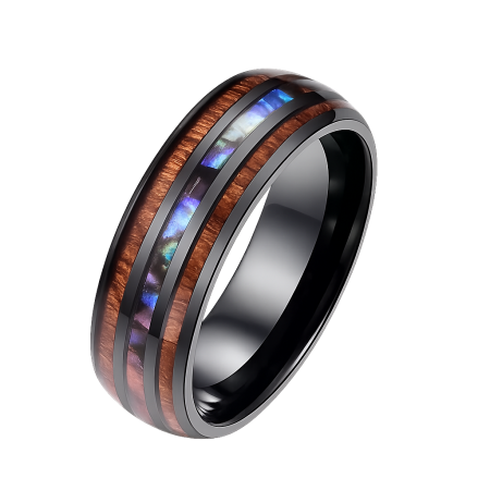 Inel inox negru cu insertie de Abalone si Lemn Hawaiian