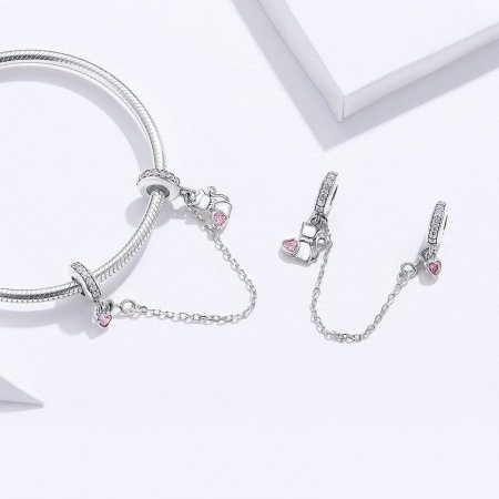 Lant de siguranta bratara cu pisicuta si inimioare roz argint [1]