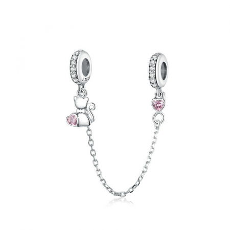 Lant de siguranta bratara cu pisicuta si inimioare roz argint