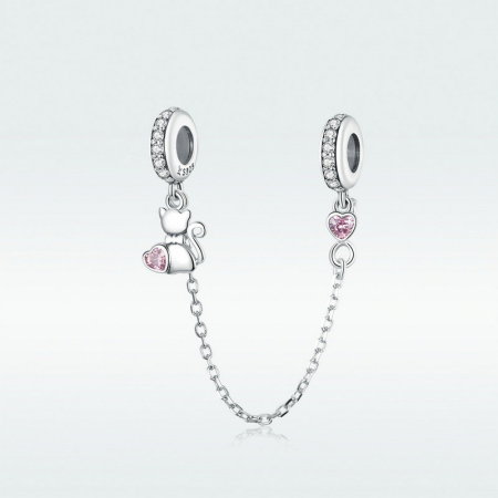 Lant de siguranta bratara cu pisicuta si inimioare roz argint [4]