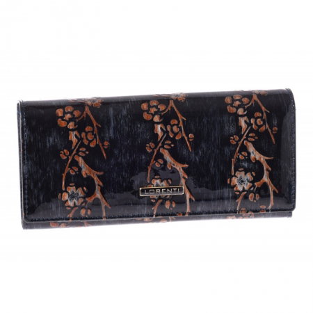 Portofel lux dama din piele naturala lacuita, maron, cu flori de cires Lorenti PORT622  [0]