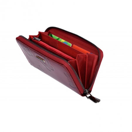 Portofel lux dama din piele naturala lacuita, rosu, cu fluturasi si fermoar Lorenti PORT624  [2]