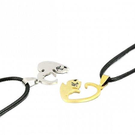Set 2 coliere cu 2 snururi si pisicute Ying si Yang in forma de inima [1]