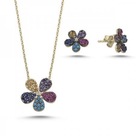 Set argint 925 aurit cu floricele si zirconii multicolore - Be Nature STU0024 [0]