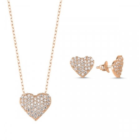Set argint 925 colier si cercei cu inimioare si zirconii placat cu aur roz [0]