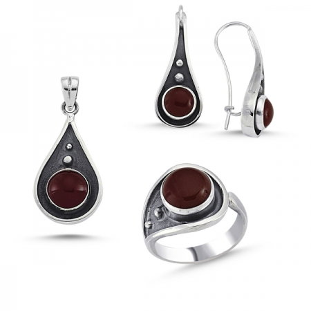 Set argint 925 lucrat manual cu agat maro si Inel Reglabil  - Be Elegant [0]