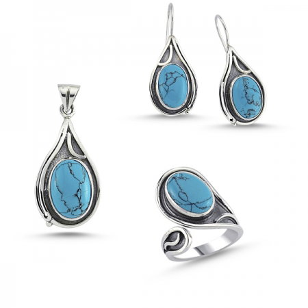 Set argint 925 lucrat manual cu pietre de turcoaz si Inel Reglabil  - Be Elegant [0]