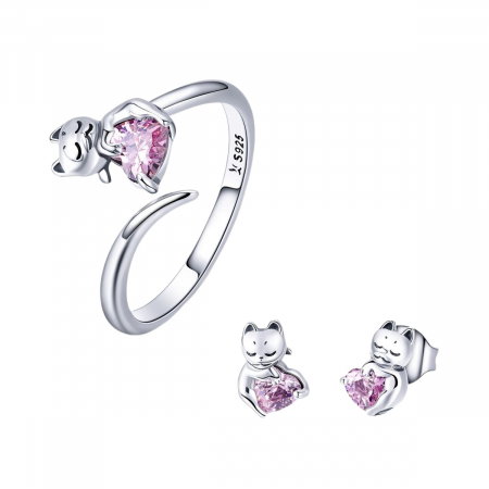 Set argint cercei si inel cu pisicute iubitoare