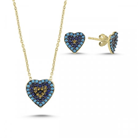 Set argint colier si cercei cu inima si zirconii multicolore placat cu aur galben - STU0036 [0]