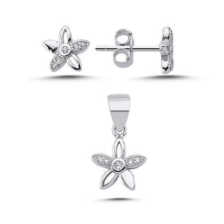 Set argint cu flori si zirconii