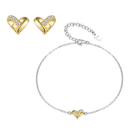 Set argint bratara glezna si cercei cu inimioare si Zirconia