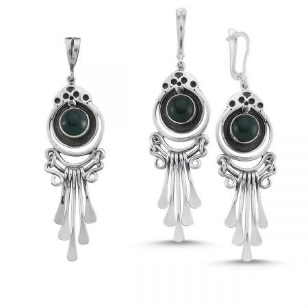 Set argint lucrat manual cu piatra de agat verde