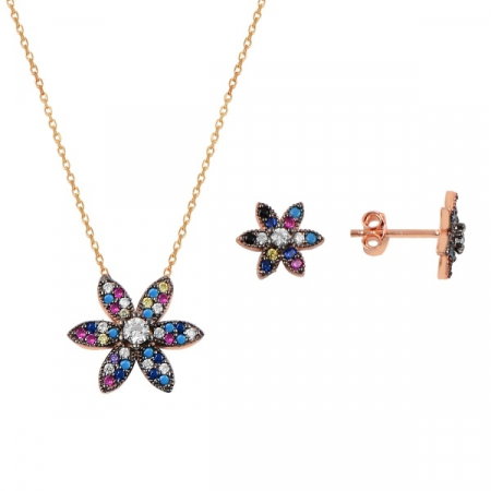Set argint placat cu aur roz cu flori de cristale [0]