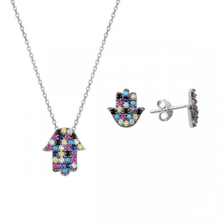 Set argint placat cu rodiu, cu Mana lui Fatima (Hamsa) si cristale [0]