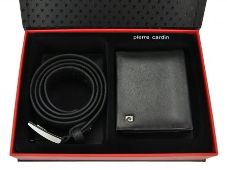Set cadou de lux pt. barbati din piele naturala (portofel + curea) Pierre Cardin PORM213 Negru [1]