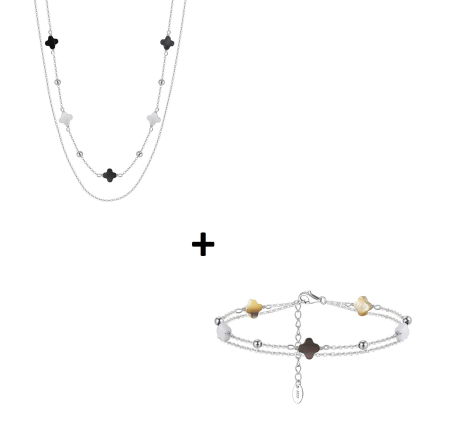 Set colier si bratara argint 925 placat cu rodiu cu pandantive din sidef Trifoi cu Patru Foi