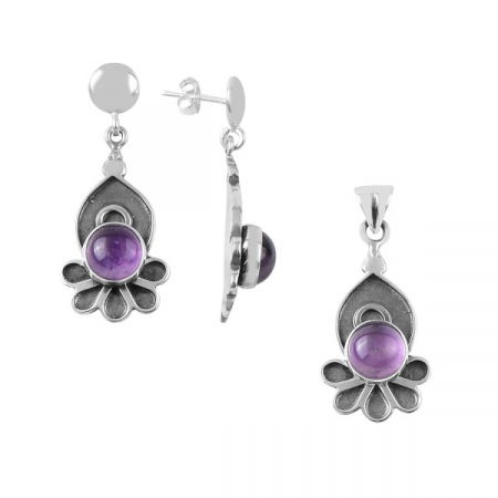 Set realizat manual din argint si ametist (pandantiv si cercei)
