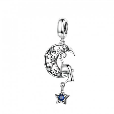 Talisman argint pisicuta jucausa in luna cu steluta albastra [0]