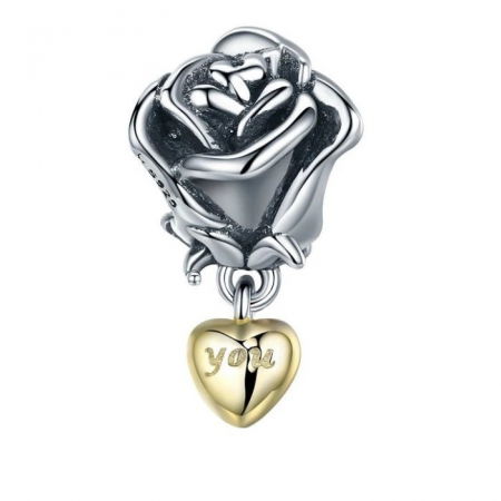 Talisman argint Te Iubesc cu trandafir si inimioara placat cu aur