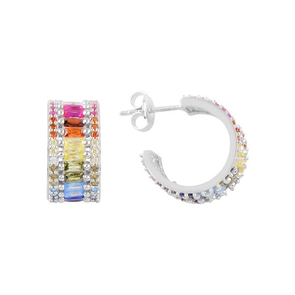 Cercei agint Baguette Eternity cu zirconii multicolore placati cu rodiu