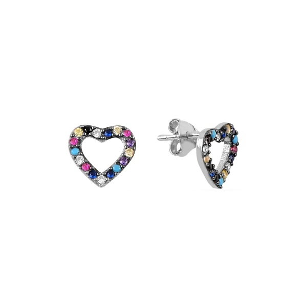 Cercei din argint 925 inimoara din zirconii multicolore, placati cu rodiu, cu surub., Diametru: 9 mm