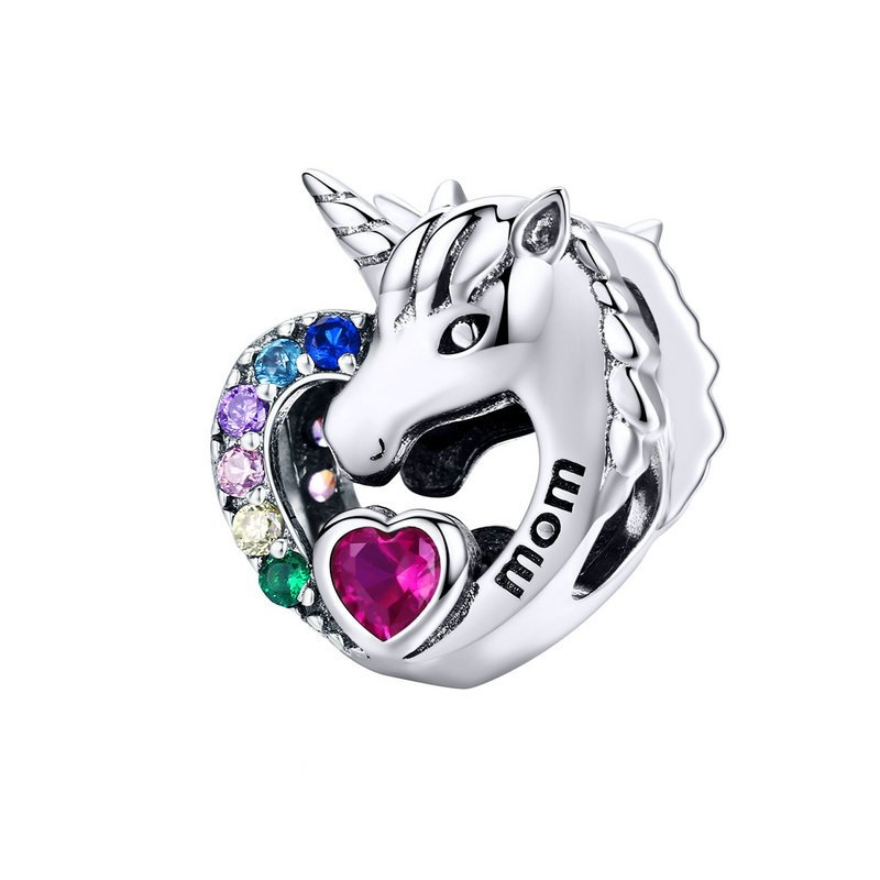 Talisman argint cu unicorn si zirconii multicolore si mesaj Mom
