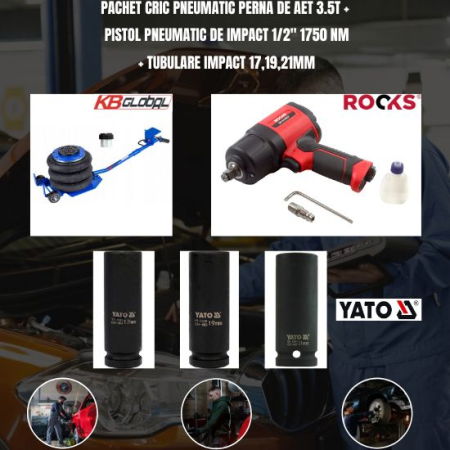 Pachet Cric pneumatic perna de aet 3.5T + Pistol pneumatic de impact 1/2" 1750 Nm + Tubulare impact 17,19,21mm