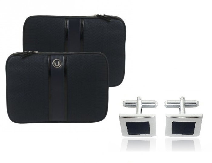 Cadou Business Geanta Laptop Ungaro Pitone Piele Blue & Butoni Noir by Borealy [1]