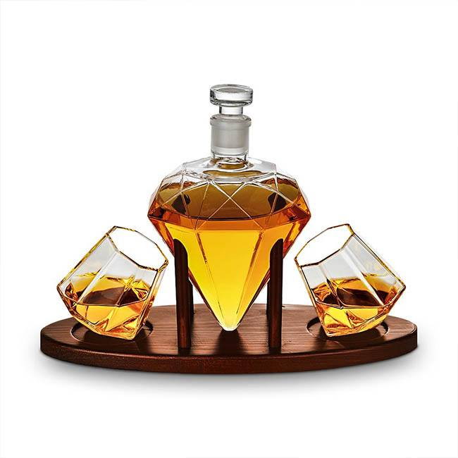 Cadou Decantor Diamant Sticla, 2 Pahare si Suport din Lemn [2]
