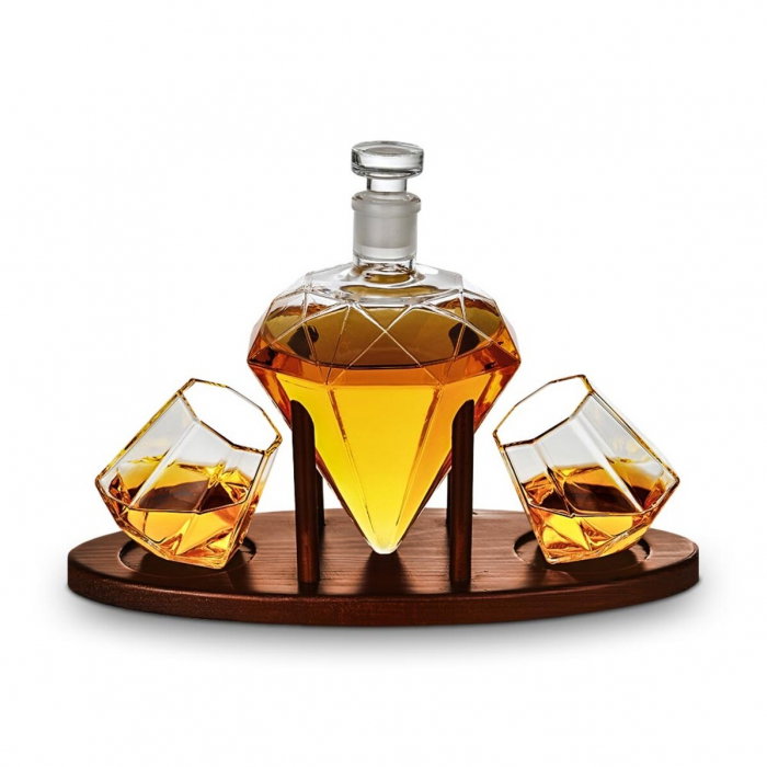 Cadou Decantor Diamant Sticla, 2 Pahare si Suport din Lemn [4]