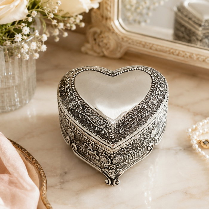 Cutie bijuterii / Casetă Argintată Silver Love în Formă de Inimă cu Interior din Catifea – 7,5 x 8 x 5 cm [1]