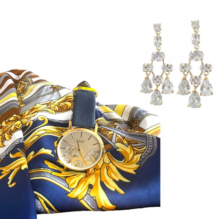 Ceas Q&Q, Cercei Gold Flower si Esarfa Matase Borealy [1]