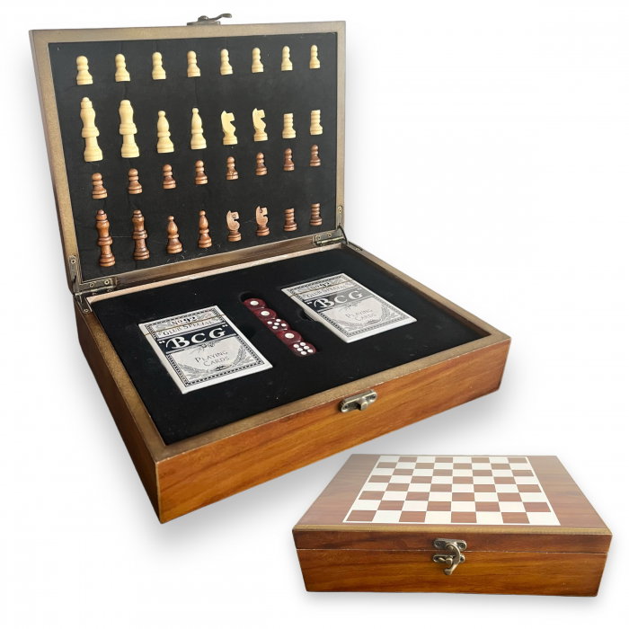 Cutie de Șah din Lemn cu Cărți de Joc și Zaruri – Set Elegant de Jocuri pentru Bărbați [4]