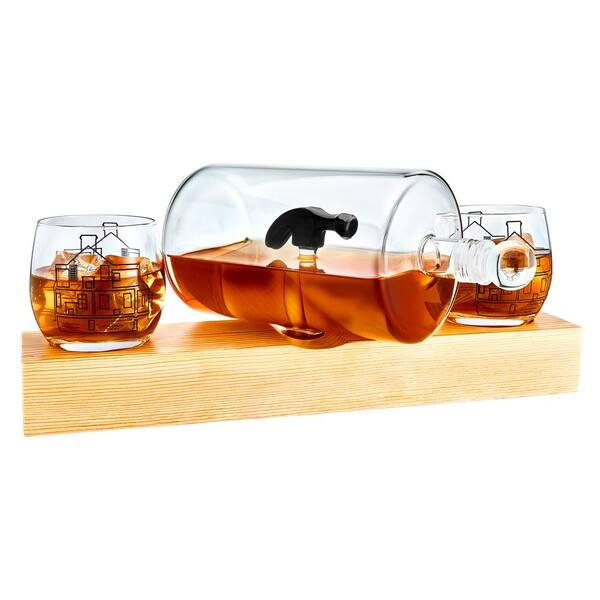 Decantor Sticla cu Ciocan in Interior + 2 Pahare & Suport Lemn [3]