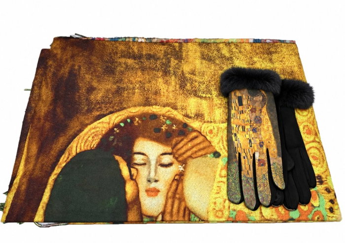Set cadou pentru femei Klimt „The Kiss” Eșarfă din casmir și mănuși [1]