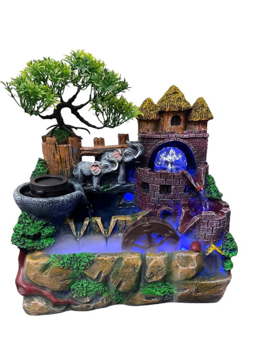 Fântână Feng Shui Elefanți & Castel Medieval cu LED și Abur [5]