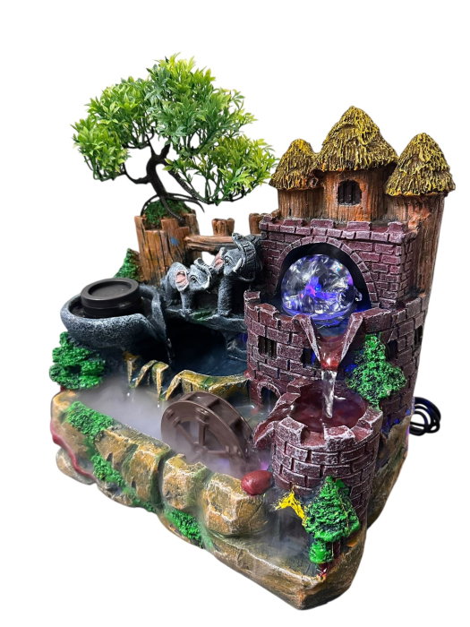Fântână Feng Shui Elefanți & Castel Medieval cu LED și Abur [3]