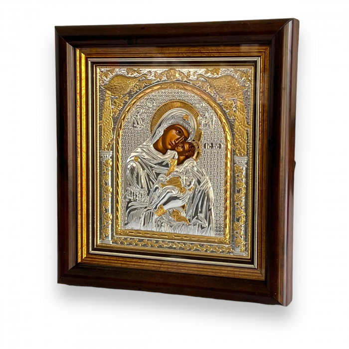 Icoana Fecioara Maria cu pruncul Iisus placata cu argint & Geam - Made in Grecia - 17 cm x 15,5 cm [4]