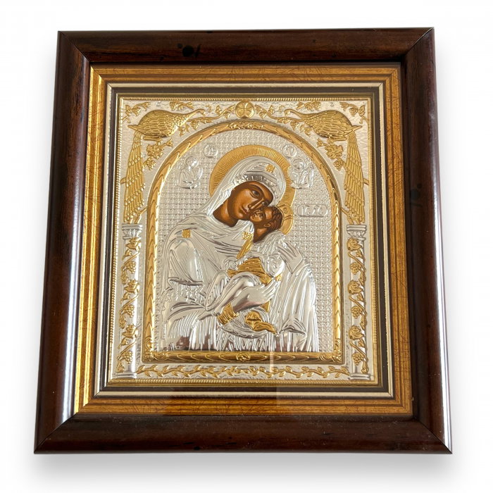 Icoana Fecioara Maria cu pruncul Iisus placata cu argint & Geam - Made in Grecia - 17 cm x 15,5 cm [1]